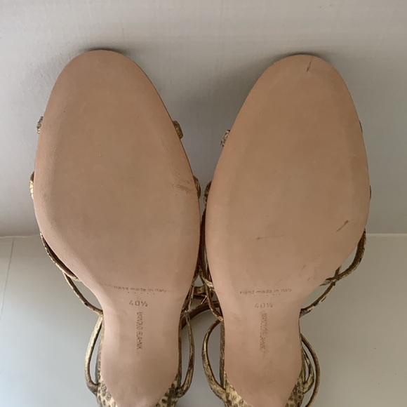 Manolo Blahnik Gold Embossed Python Leather High Heel Ankle Strap Sandals 40 1/2 - Picture 9 of 13